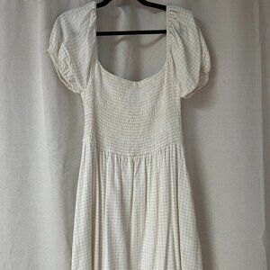 White and Yellow Checked Smocked Midi Dress